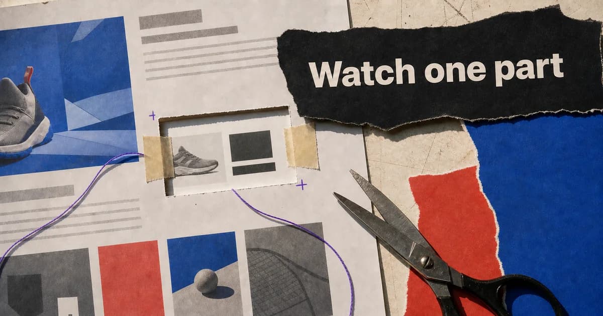 Cut-paper webpage with one product area selected beneath the headline Watch one part
