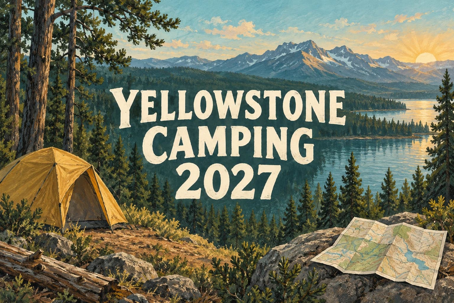 Painted Yellowstone campsite with a tent and the words Yellowstone Camping 2027