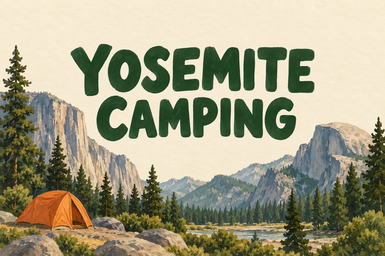 YOSEMITE CAMPING above an original painted campsite illustration