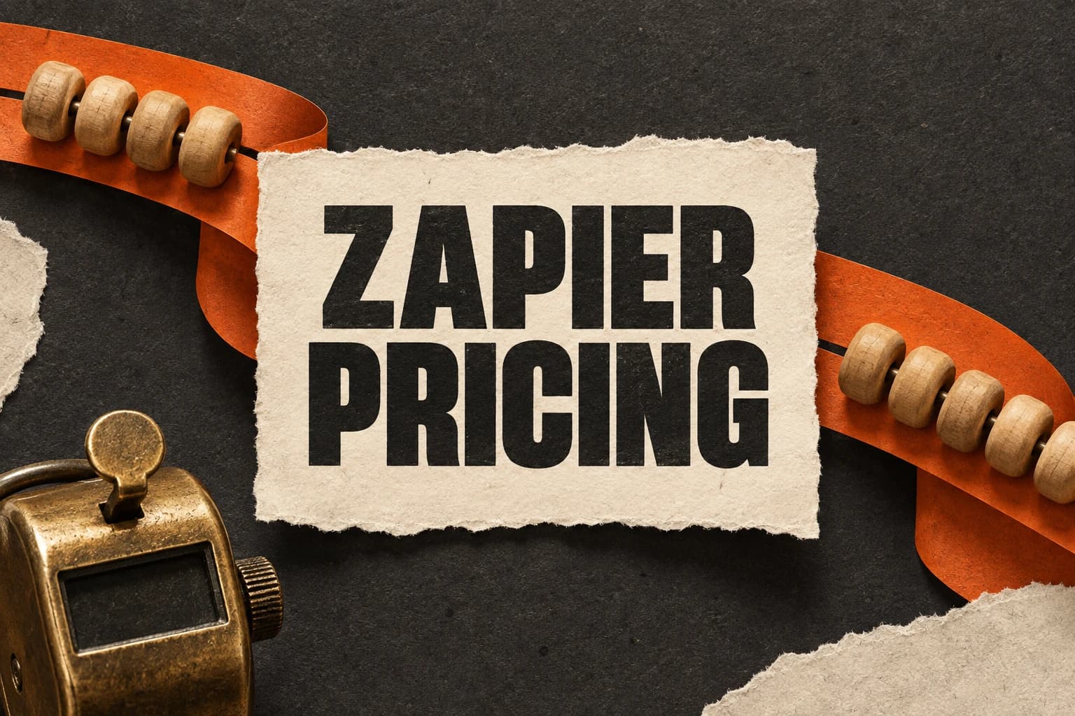 ZAPIER PRICING on central cream paper with an orange conveyor ribbon and wooden counting beads