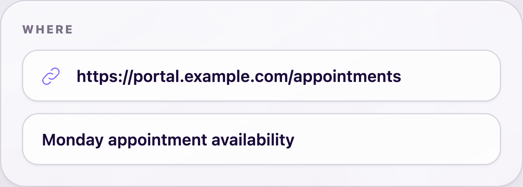 The PageDog Where card with an appointment page address and a simple watch name.