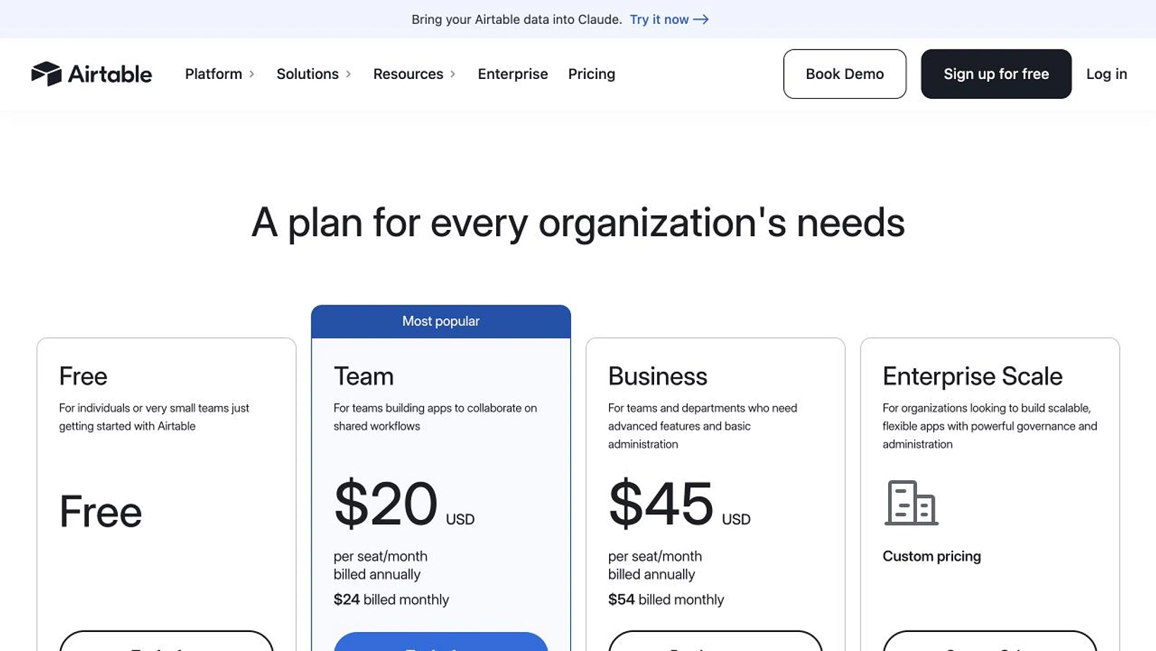 Official Airtable pricing page showing Free, Team, Business, and Enterprise Scale plan cards