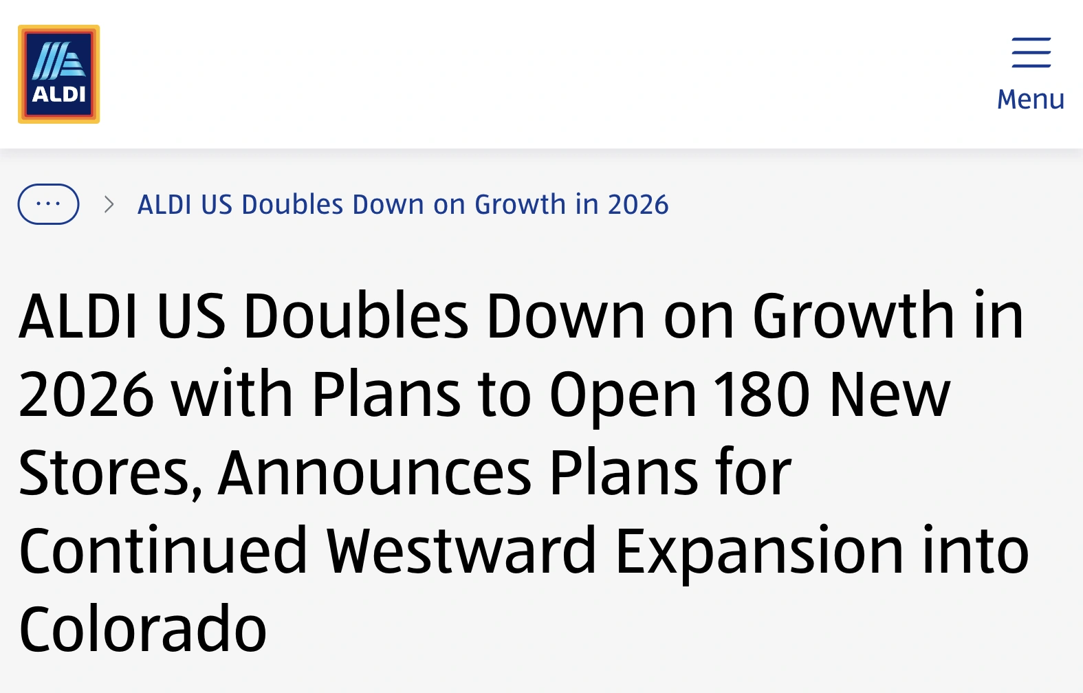ALDI's official website showing its expansion announcement
