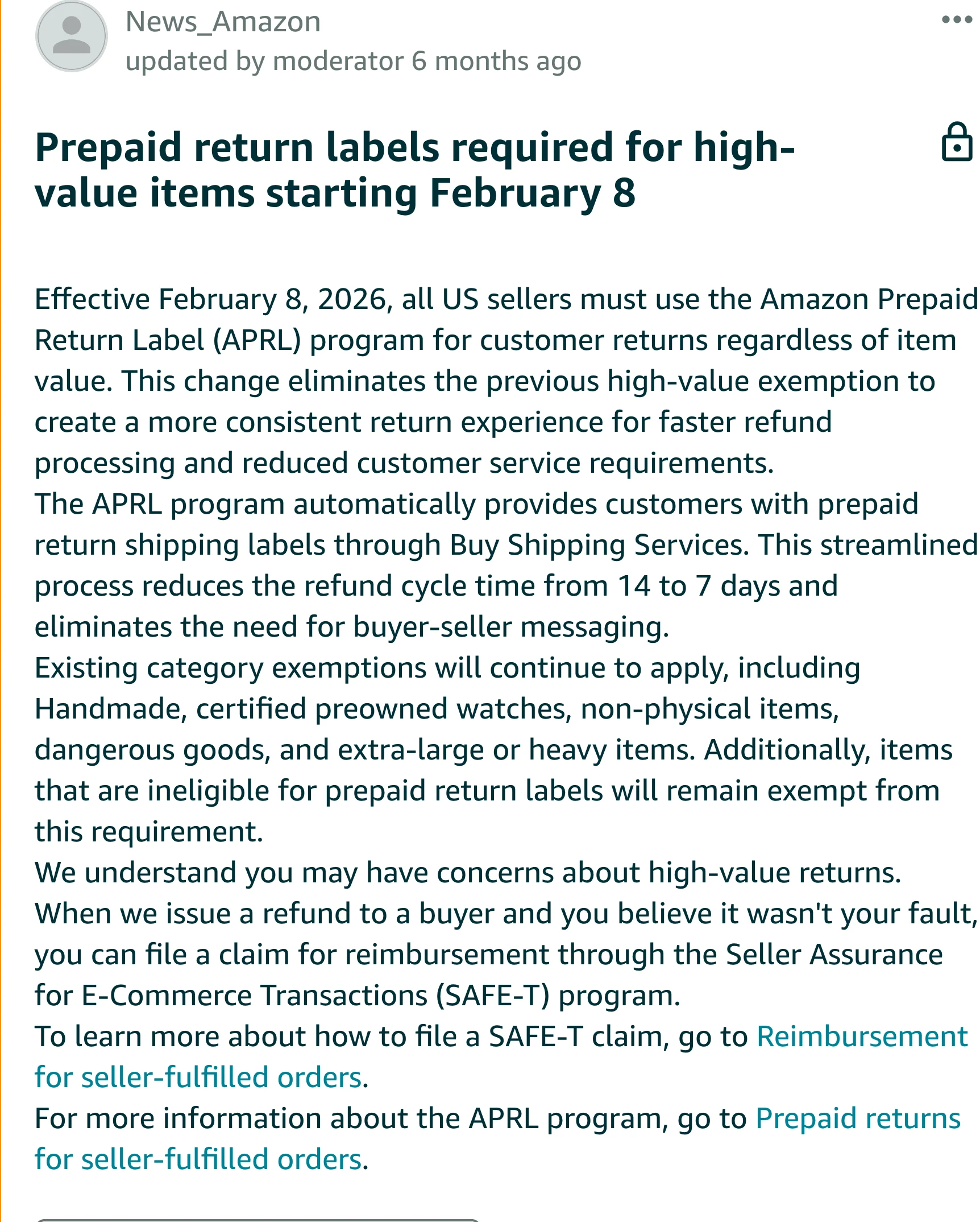 Amazon Seller Central announcement requiring prepaid return labels for high-value seller-fulfilled items from February 8, 2026