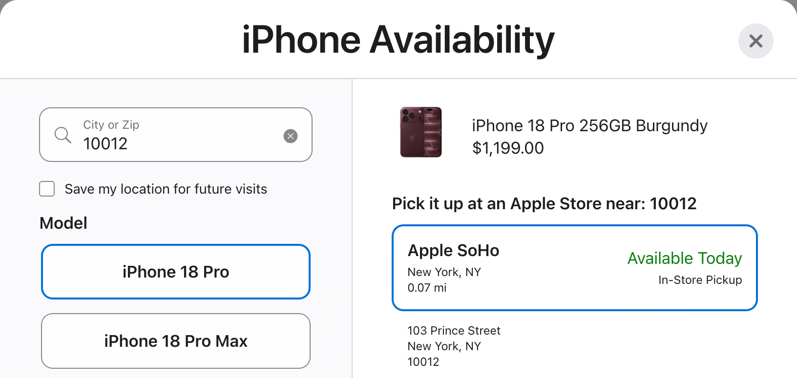 Apple's iPhone availability panel showing the Burgundy 256GB configuration and Apple SoHo's Available Today pickup message