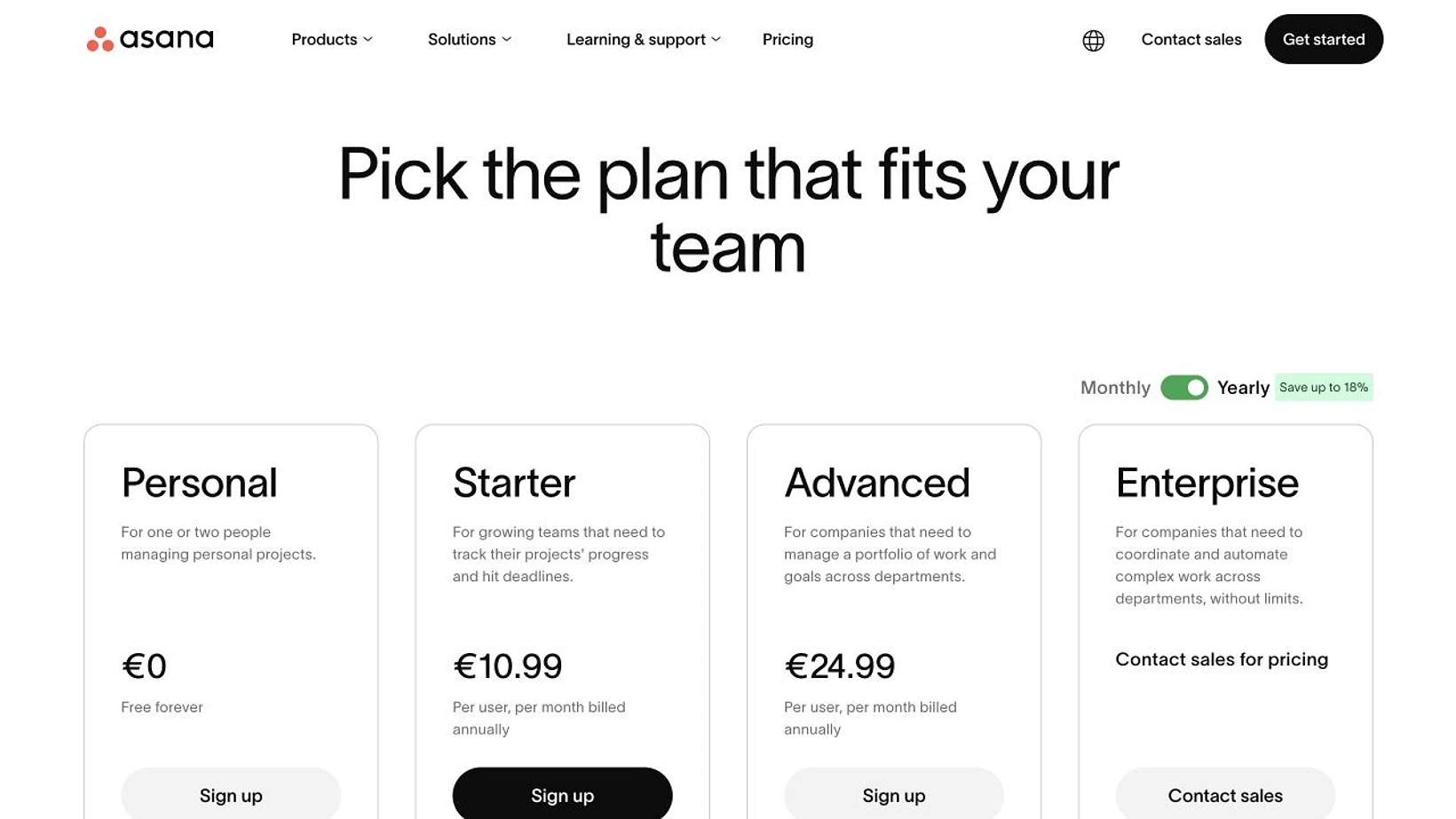 Official Asana pricing page showing Personal, Starter, Advanced, and Enterprise plan cards