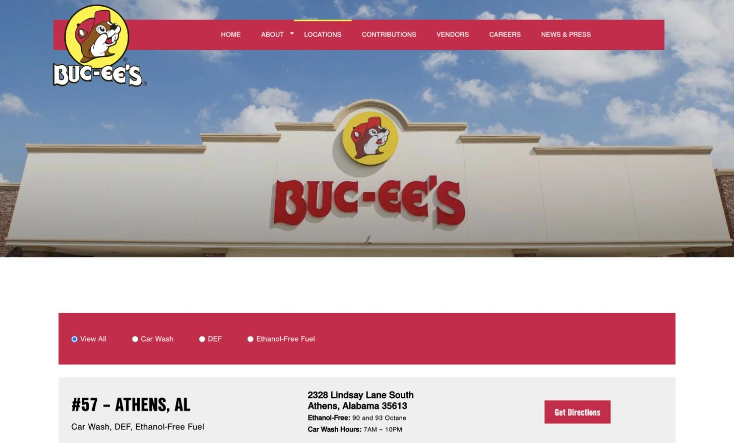 Buc-ee's official locator displays its branded travel-center header and location-selection tools