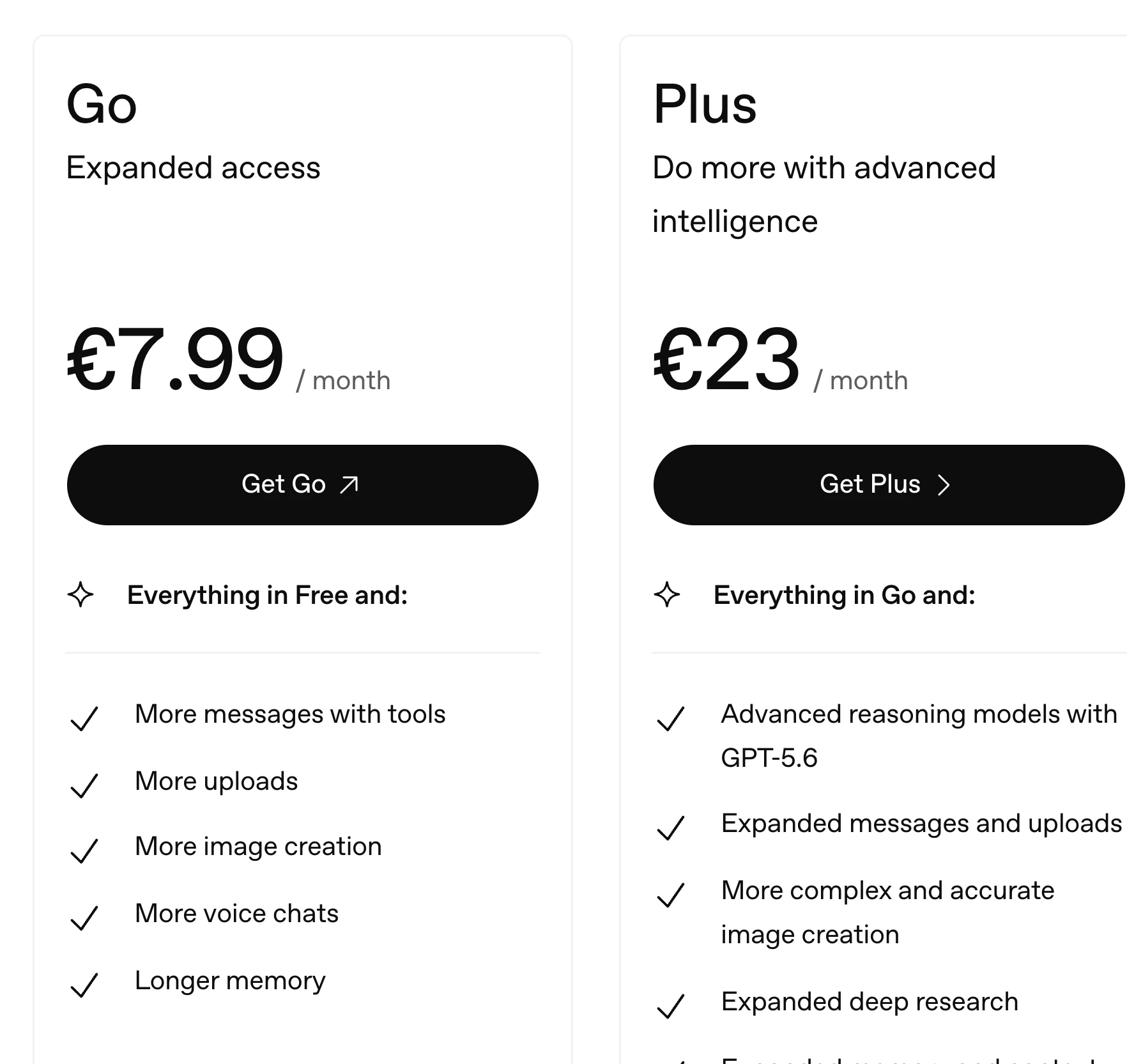 Official ChatGPT Go and Plus plan cards showing their localized prices and current feature summaries