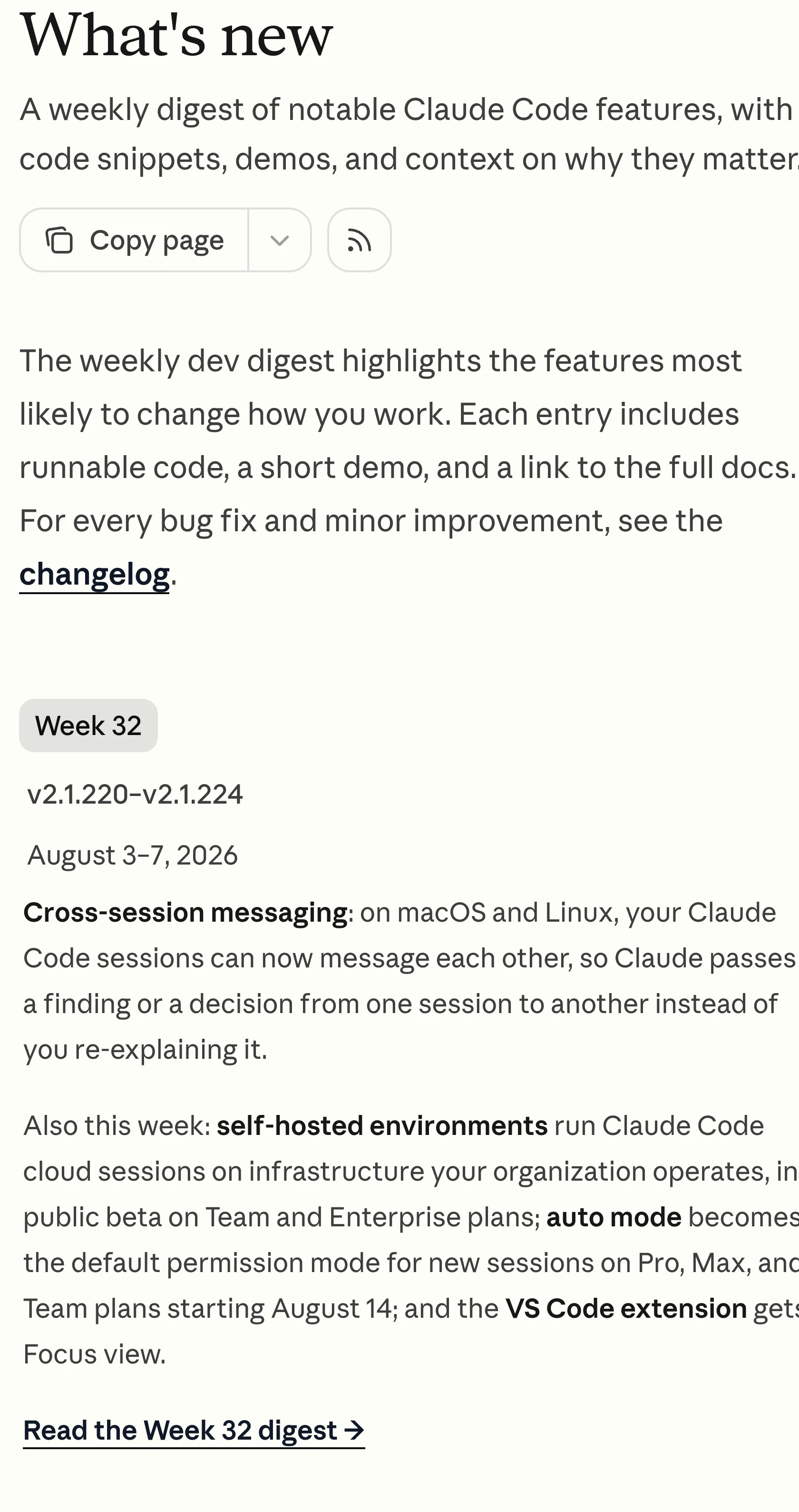 Claude Code What's new page showing the Week 32 digest for versions 2.1.220 through 2.1.224