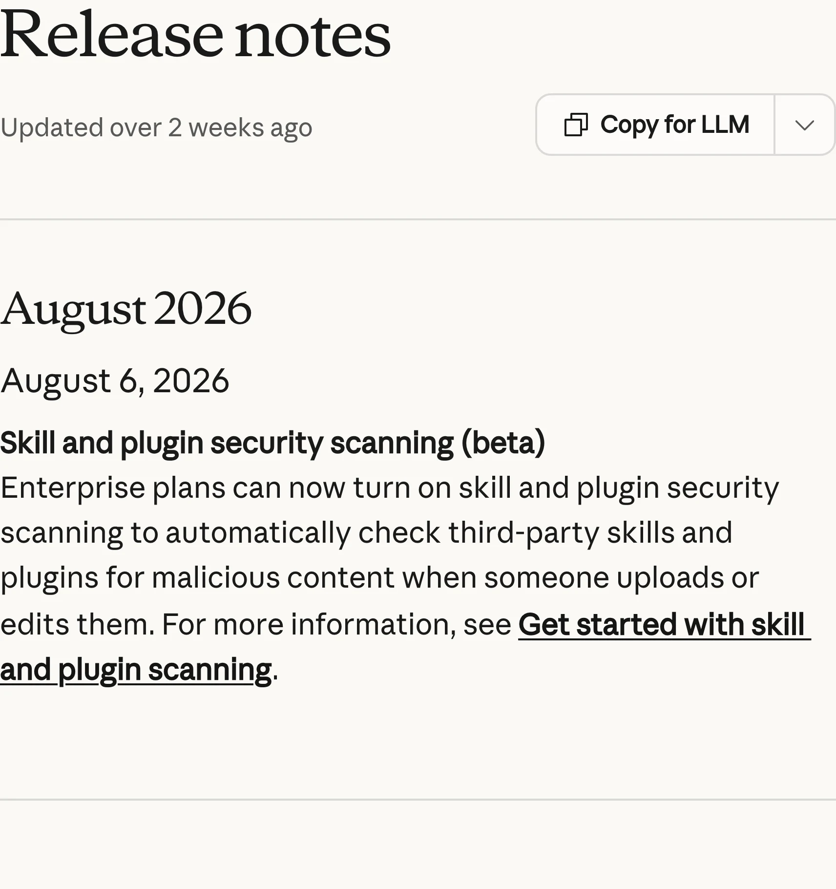 Claude Help Center release notes showing the August 6, 2026 security-scanning entry and July 2026 product updates