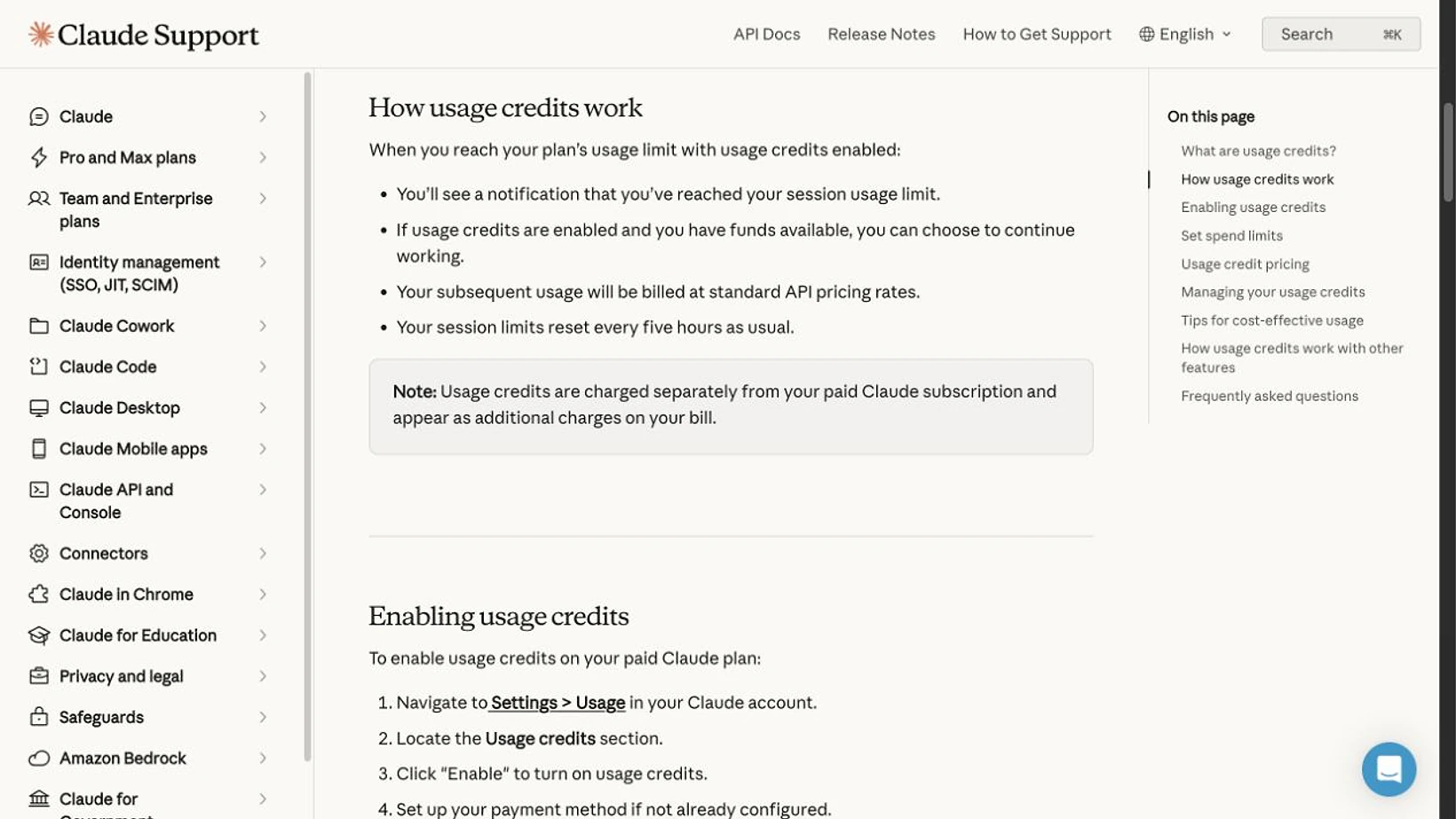 Claude Support usage guide showing that session limits reset every five hours and usage is shared across Claude and Claude Code