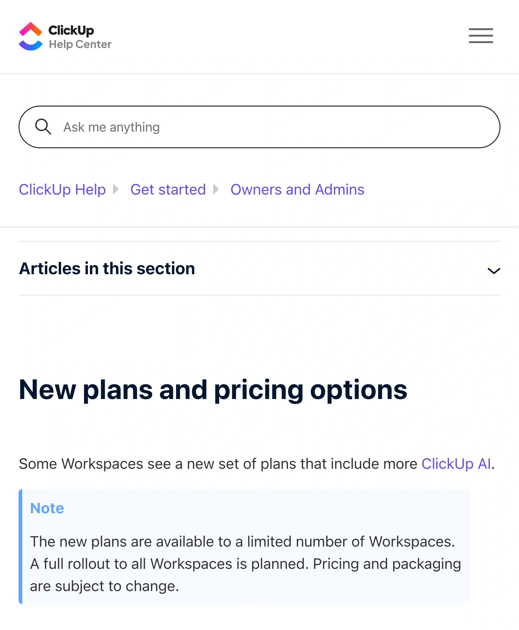 ClickUp Help identifies the new AI-inclusive plans as a limited rollout with pricing and packaging subject to change