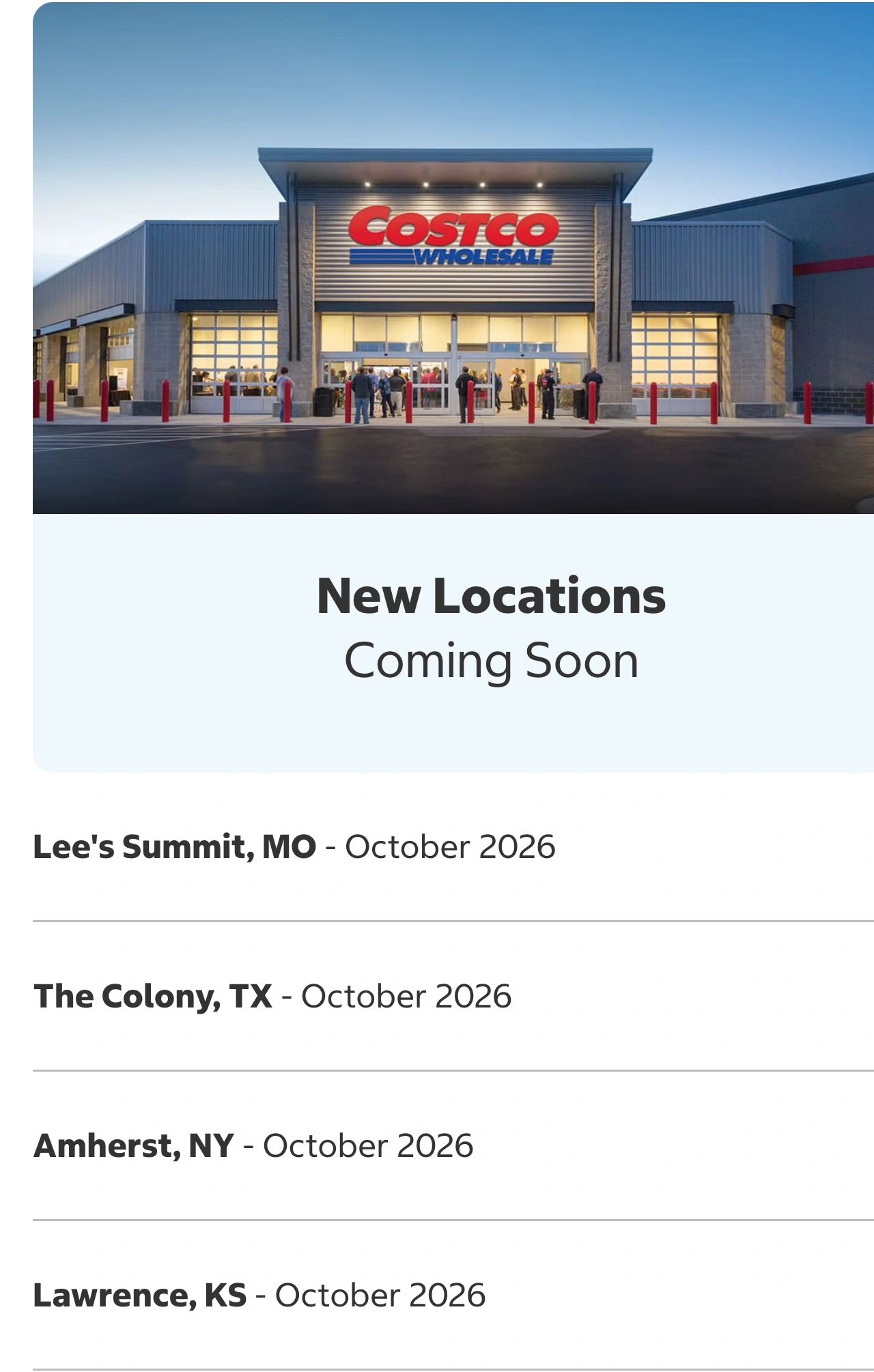 Costco’s branded New Locations Coming Soon panel and selected city-and-month entries