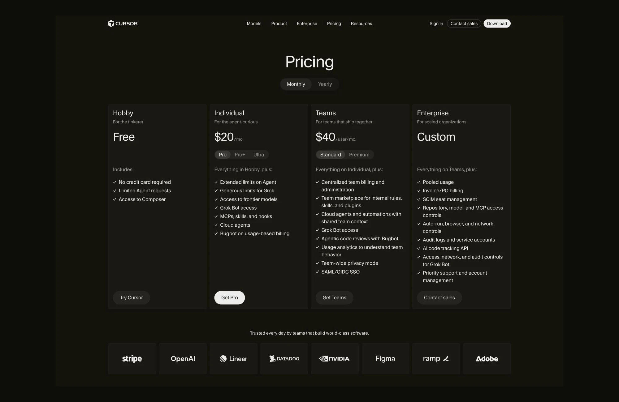 Official Cursor pricing page showing Hobby, Individual, Teams, and Enterprise plan cards