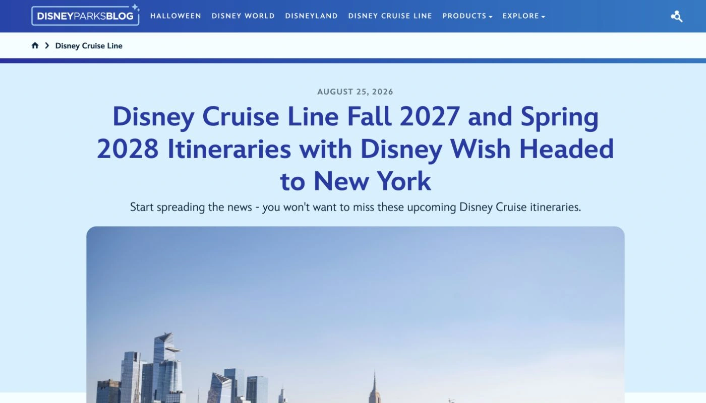 Disney Parks Blog’s branded August 25, 2026 headline announcing fall 2027 and spring 2028 itineraries