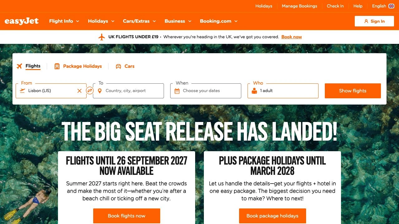 easyJet release page showing flights through September 26 2027 beside package holidays through March 2028