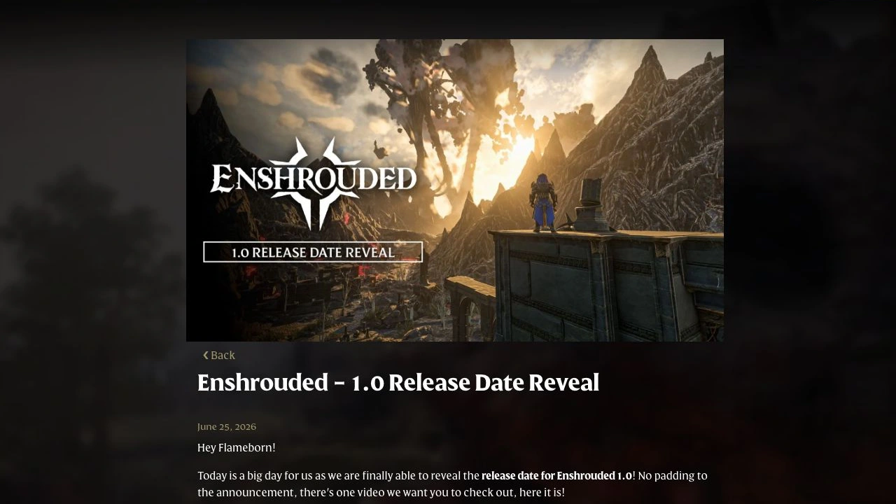 Enshrouded’s official website showing the branded 1.0 release-date announcement