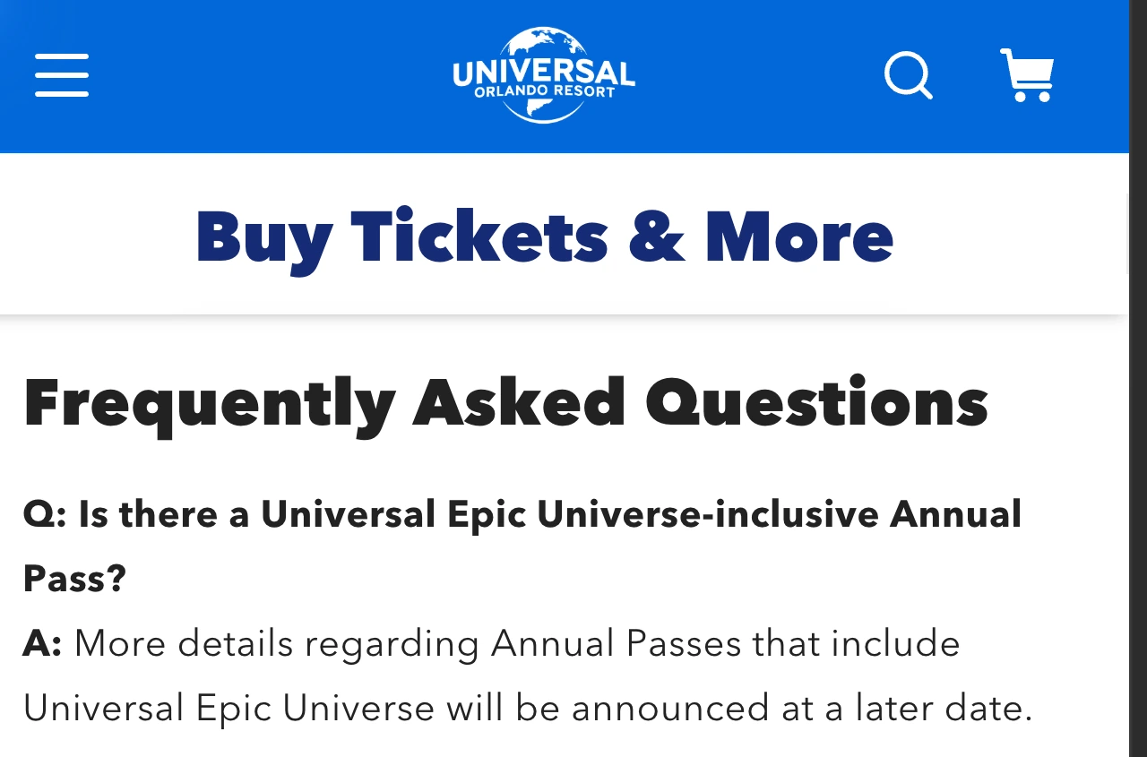 Universal Orlando's official FAQ stating that details of Epic Universe-inclusive annual passes will be announced later