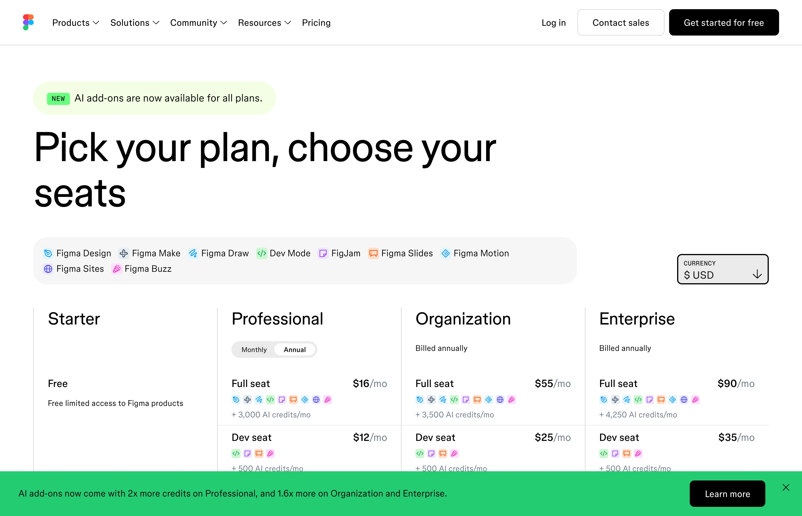 Official Figma pricing page showing Starter, Professional, Organization, and Enterprise seat prices in USD