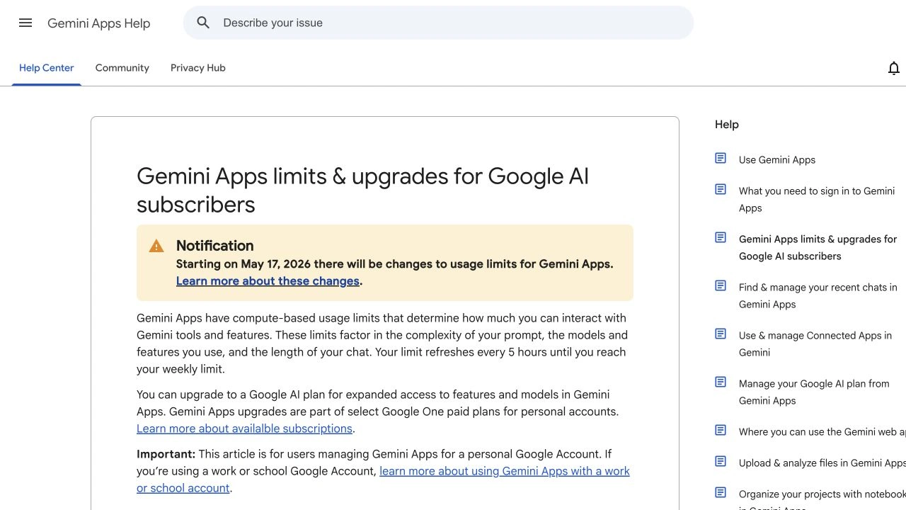 Gemini Apps Help describing compute-based usage and a five-hour refresh until the weekly limit