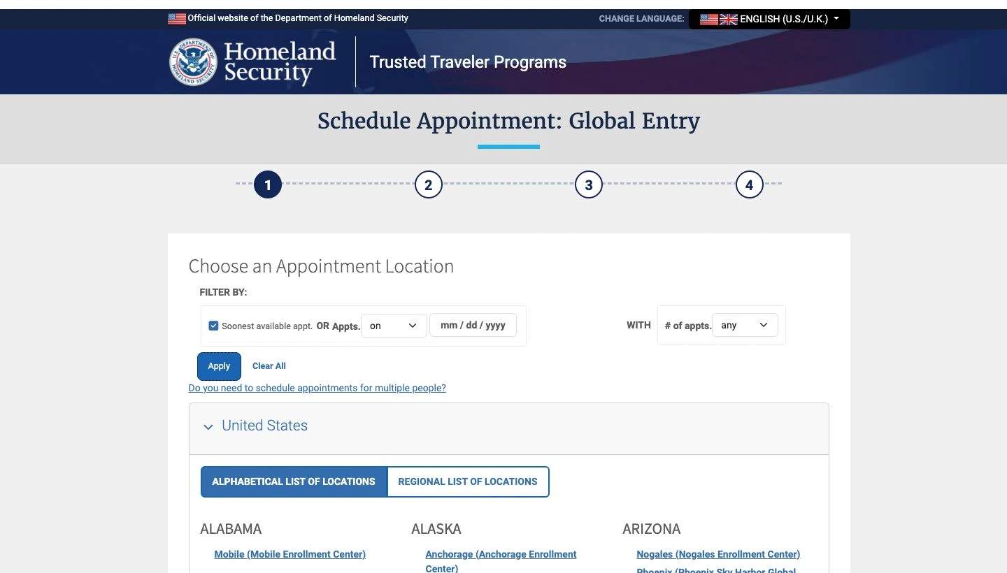 Department of Homeland Security branding and Global Entry scheduler with earliest-appointment, date and appointment-count filters