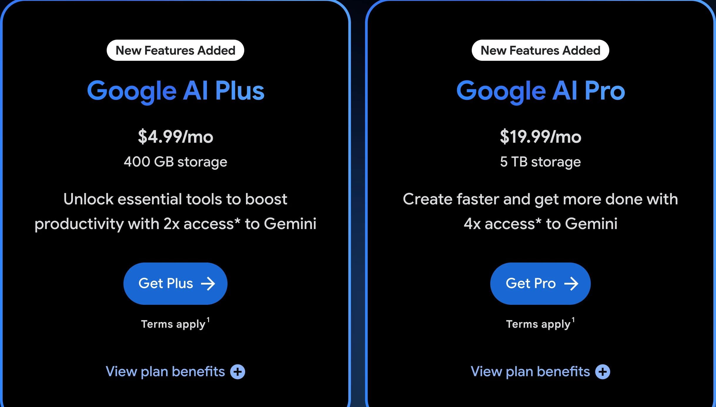 Official Google AI Plus and Pro plan cards showing current US prices, storage, and Gemini access multipliers