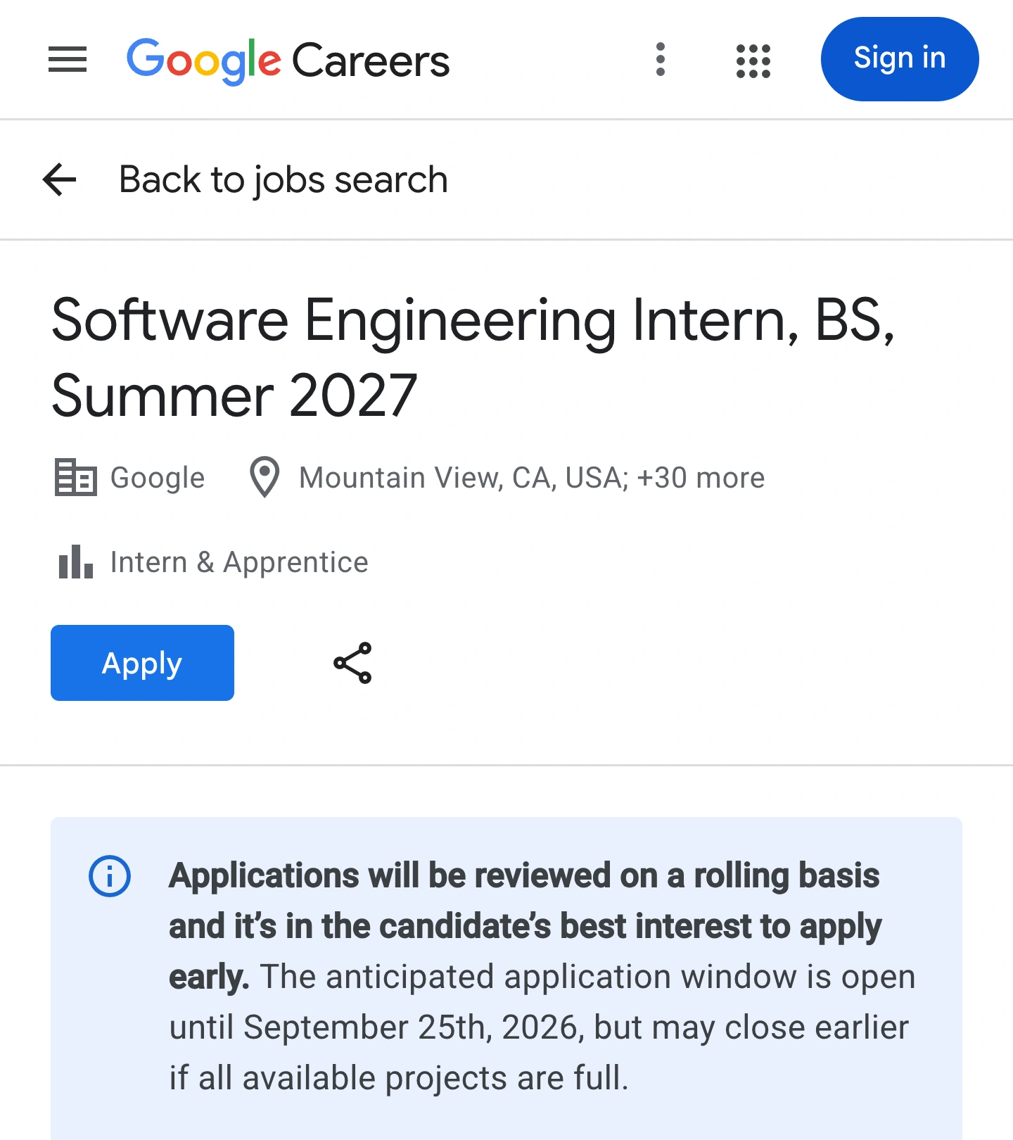 Google Careers shows the US summer 2027 software engineering role and its September 25 anticipated application deadline