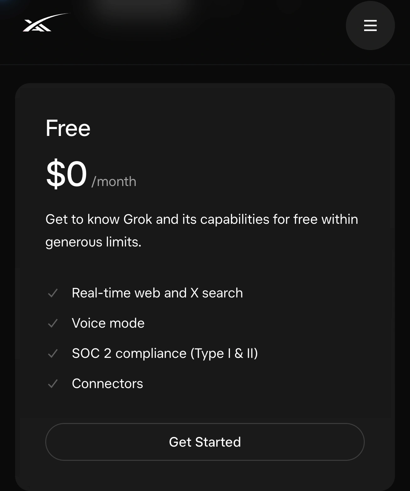 Official SpaceXAI pricing page showing the Free plan at zero dollars per month