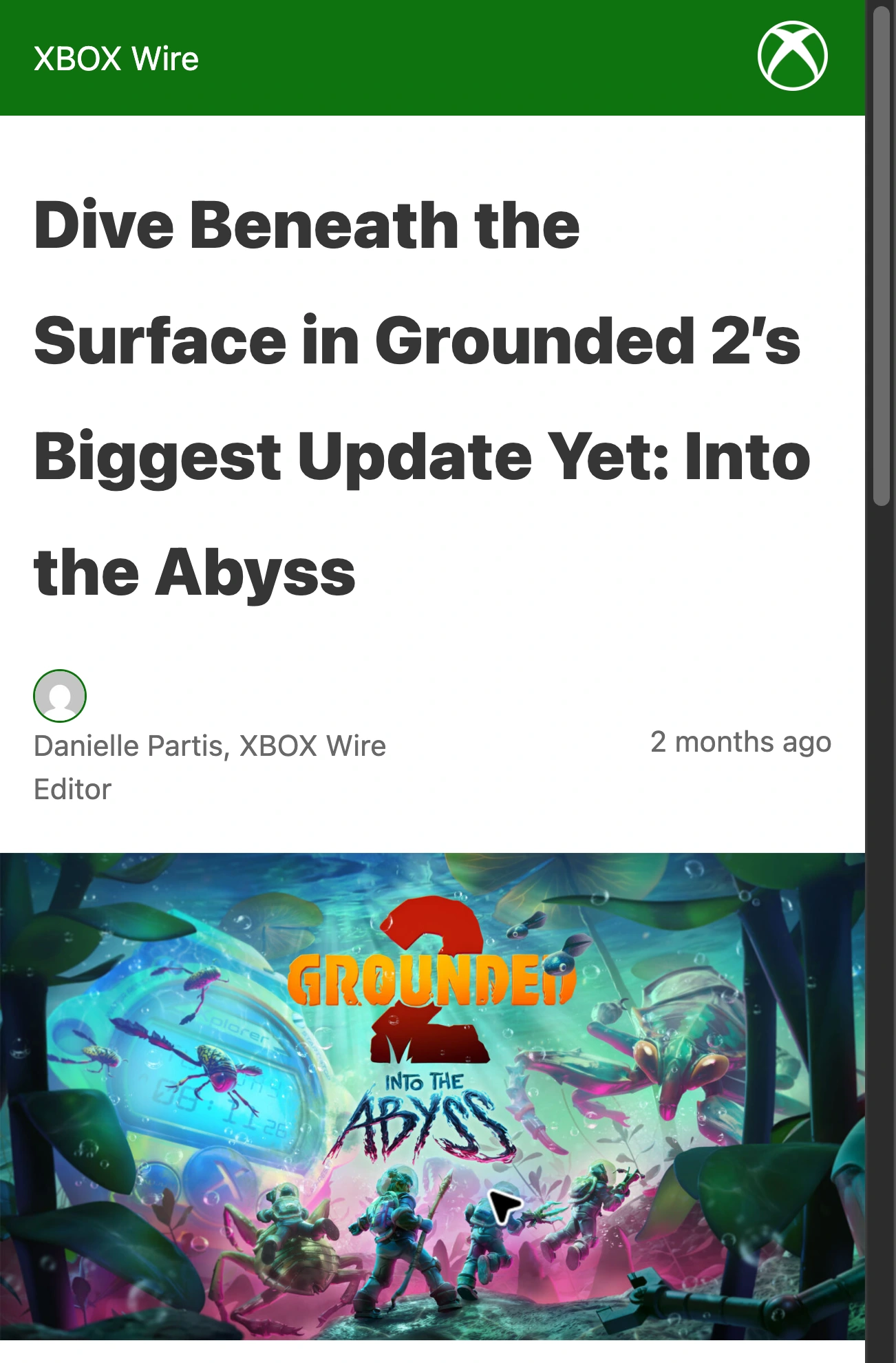 Xbox Wire’s official Into the Abyss release announcement, with the Xbox logo, title and update artwork