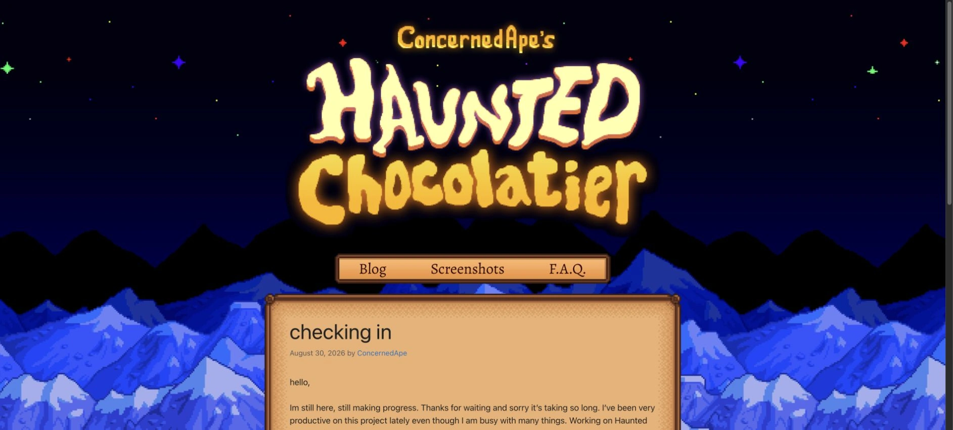 Official Haunted Chocolatier developer website showing its game branding and August 30, 2026 check-in
