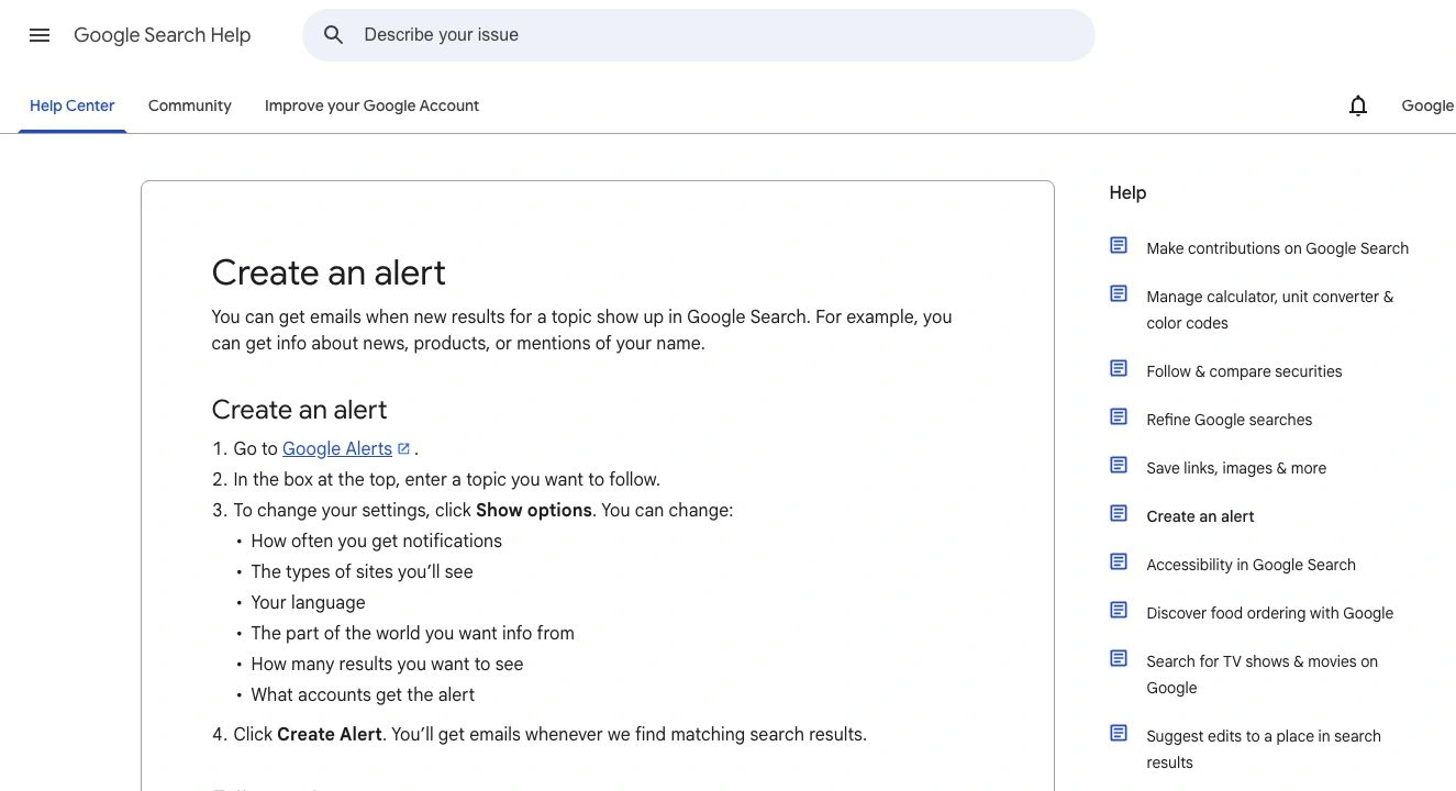 Google Search Help showing the Create an alert instructions and the settings available under Show options