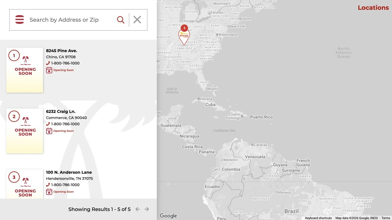 In-N-Out's official map showing Opening Soon entries for Chino and Commerce, with Hendersonville below