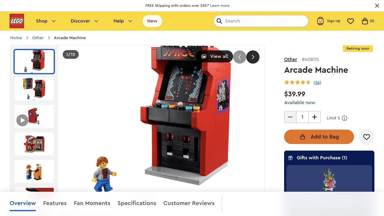 Official LEGO US Arcade Machine page showing Retiring soon beside the product name and Available now above the purchase controls
