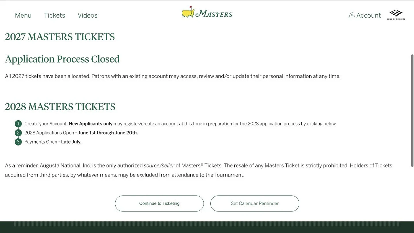 Official Masters ticket page showing the closed 2027 application and the June 1–20 window for 2028