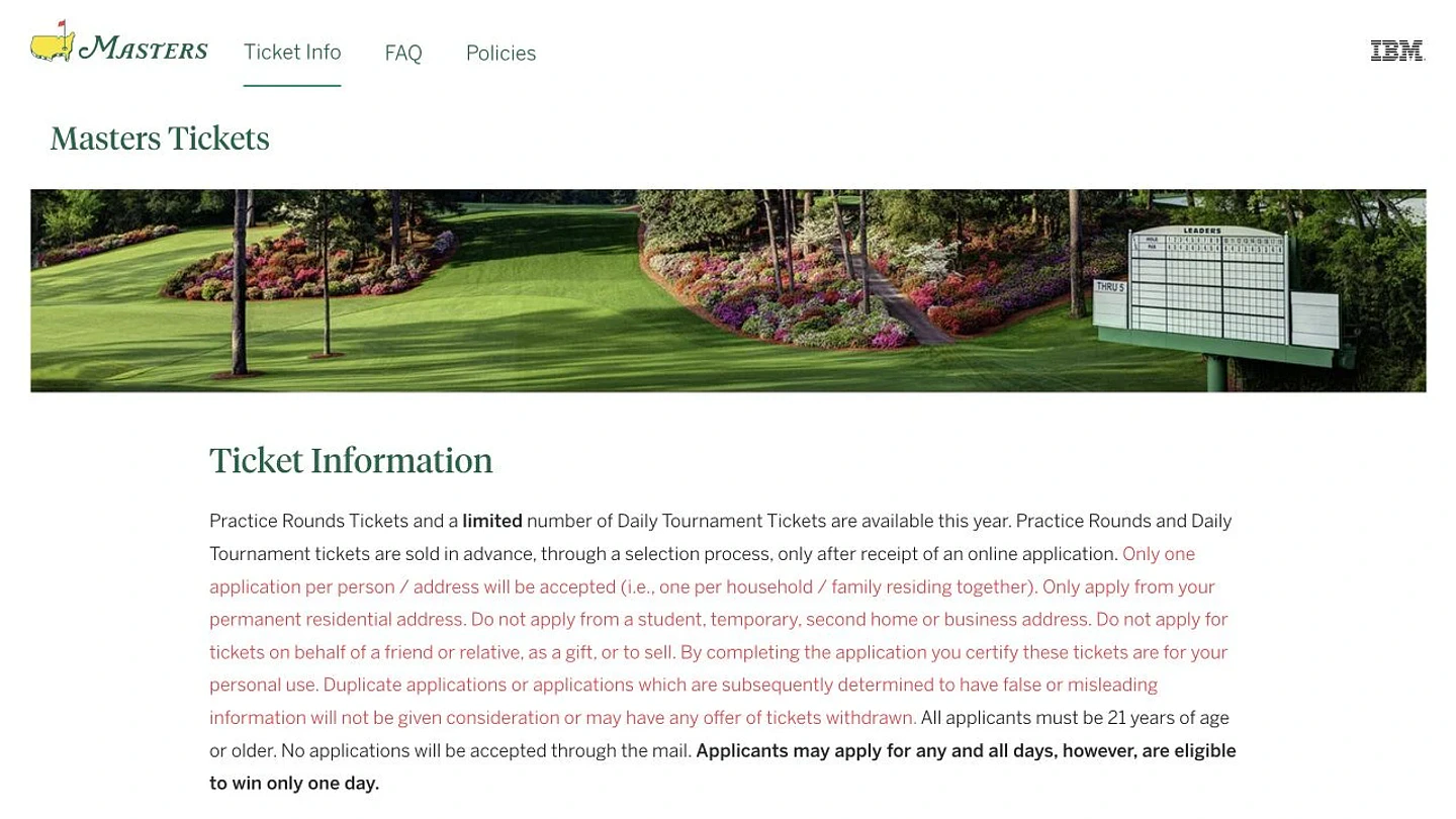 Official Masters Ticket Information page showing the one-application-per-household and permanent-address rules