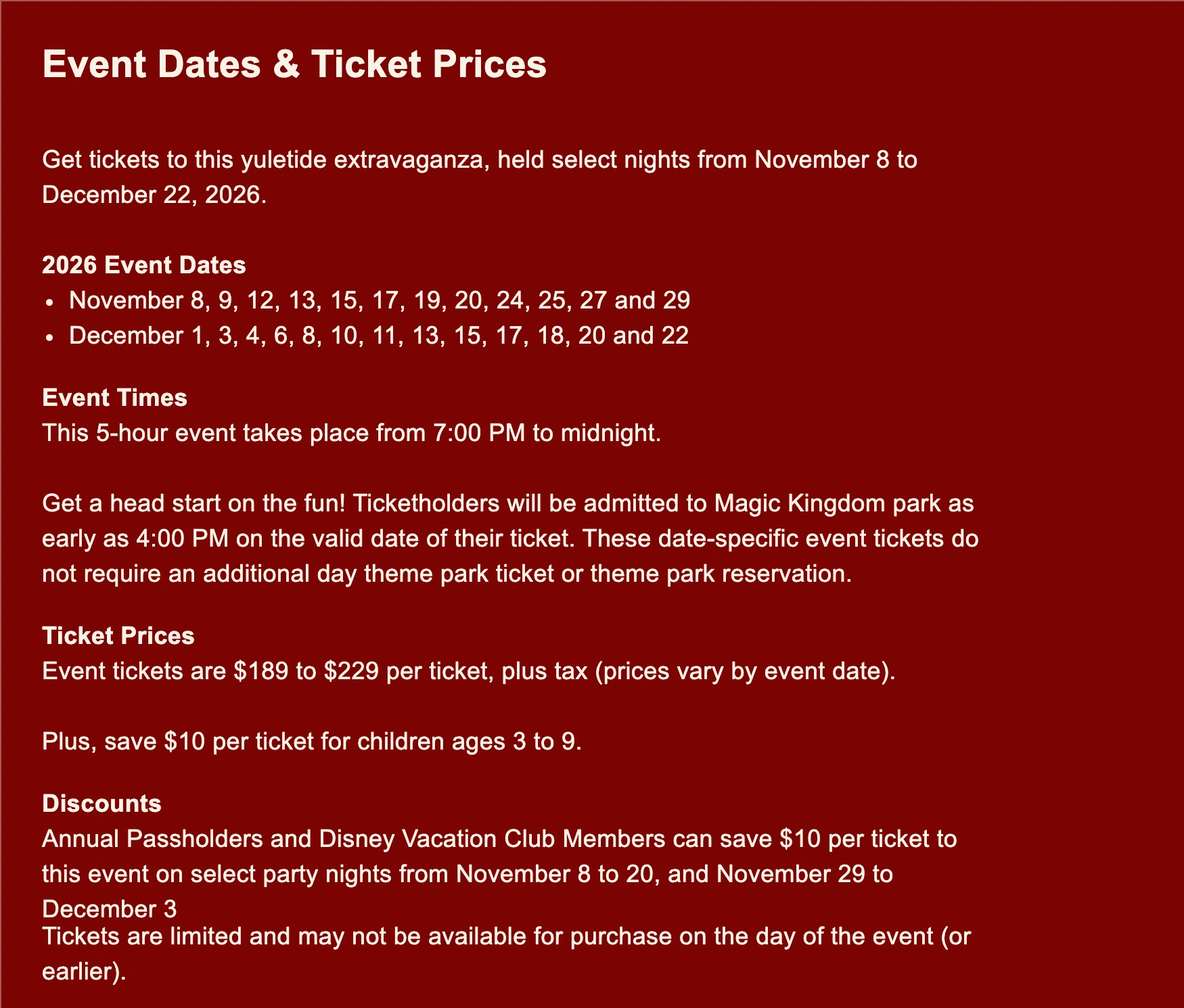 Official Disney event panel listing the 2026 MVMCP dates, hours, prices, child discount, and limited-ticket warning