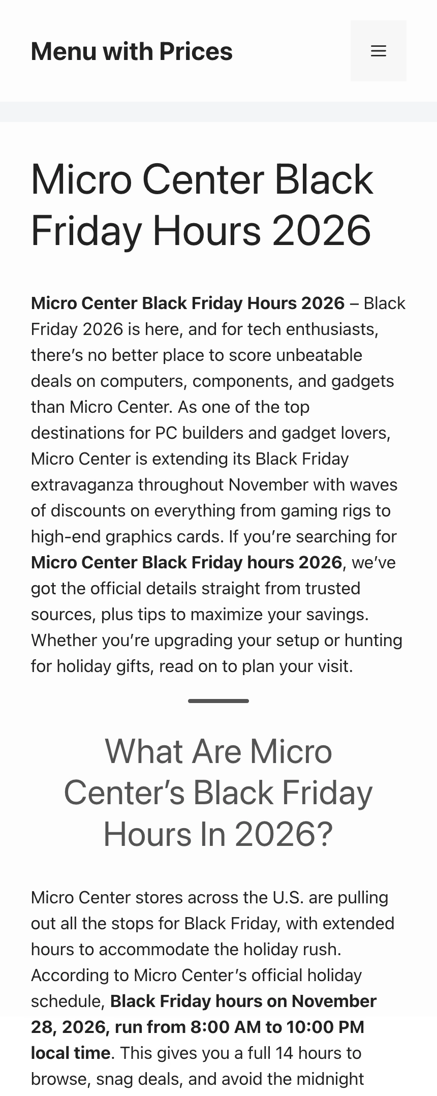 Menu with Prices page showing its site header, 2026 article title, and the unsupported November 28 Black Friday claim
