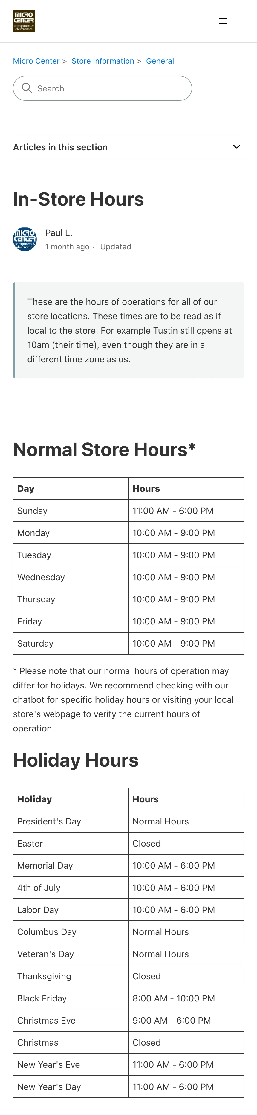 Branded Micro Center In-Store Hours page showing the Holiday Hours table with Thanksgiving closed and Black Friday from 8 AM to 10 PM