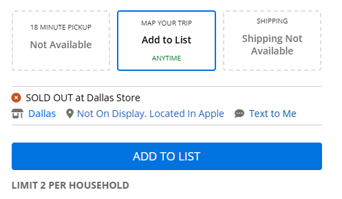 Micro Center stock block showing Sold Out at Dallas Store, Text to Me, Add to List, and unavailable pickup and shipping