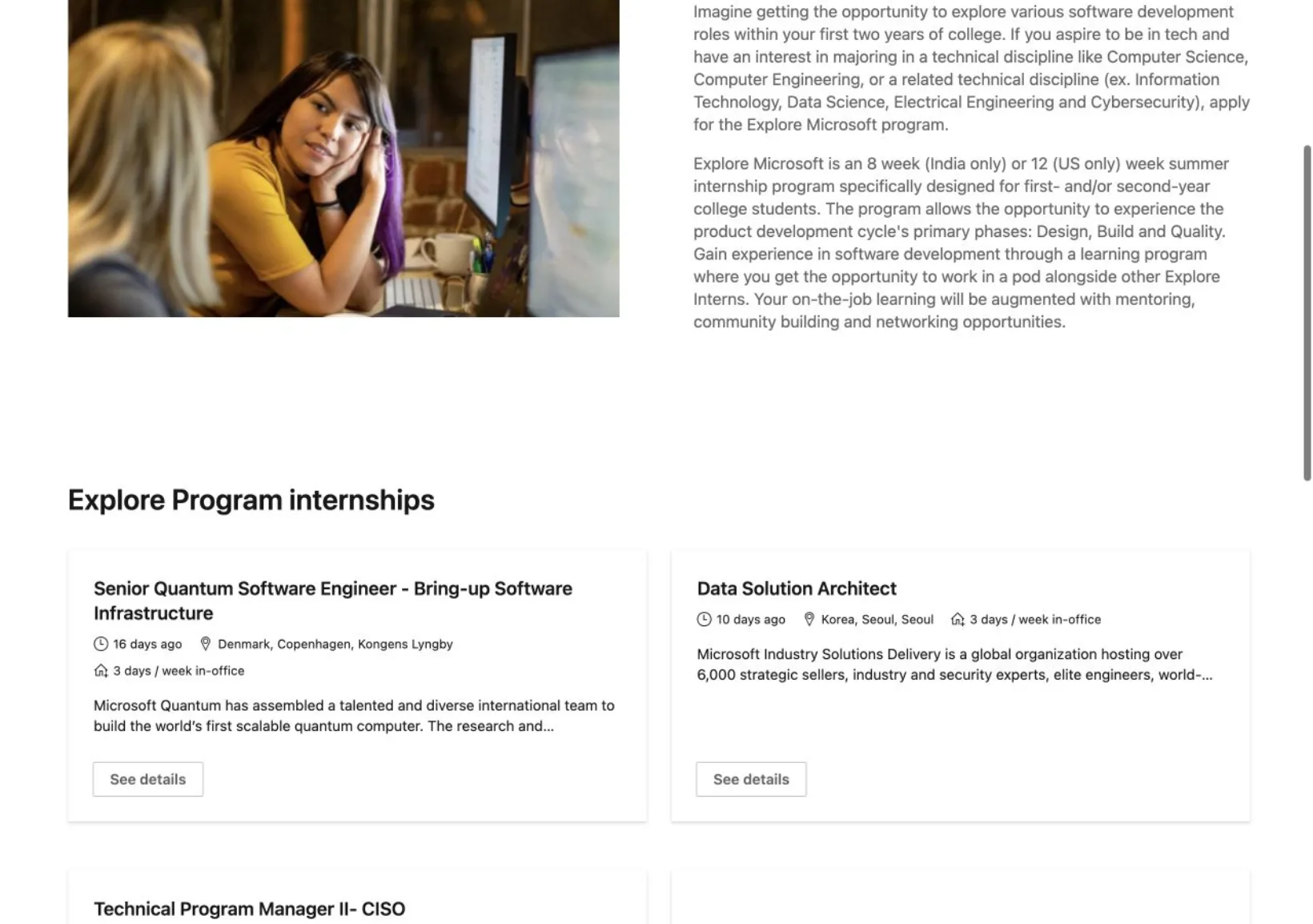 Microsoft Explore overview beside a current job module that contains unrelated senior roles
