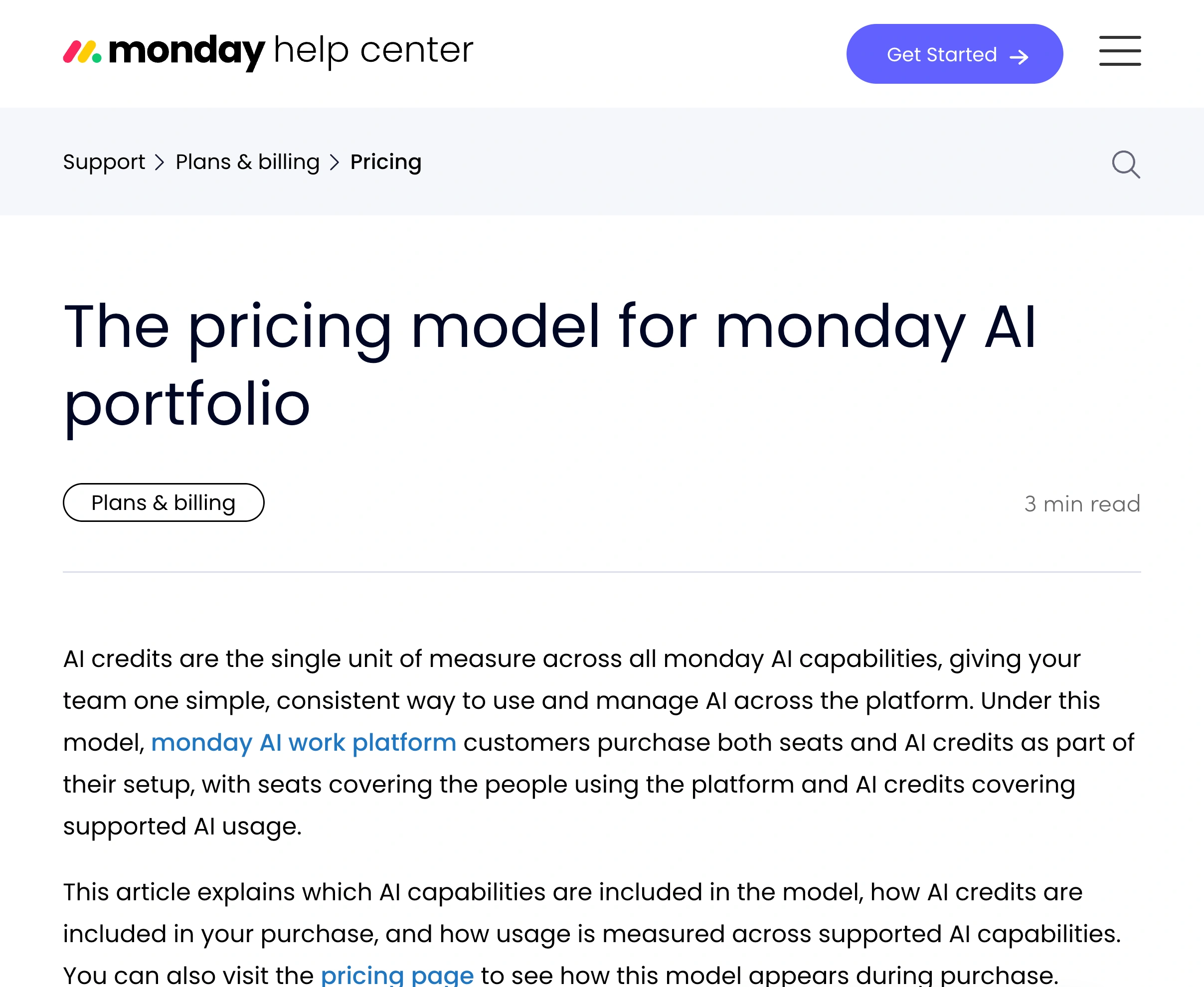 monday Help Center explains that its AI Work Platform purchase combines seats and AI credits