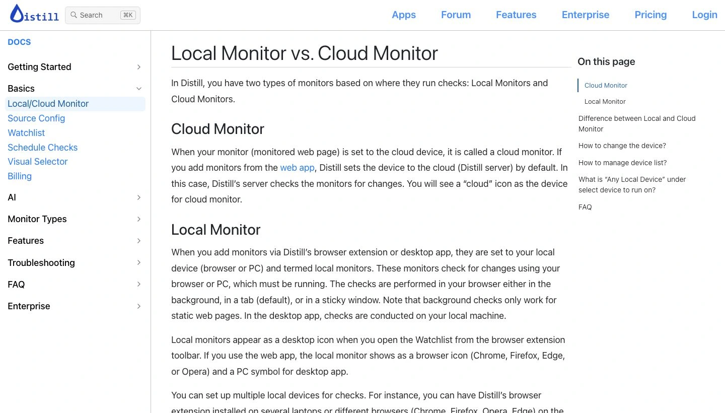 Distill documentation with its logo and the Local Monitor versus Cloud Monitor explanation