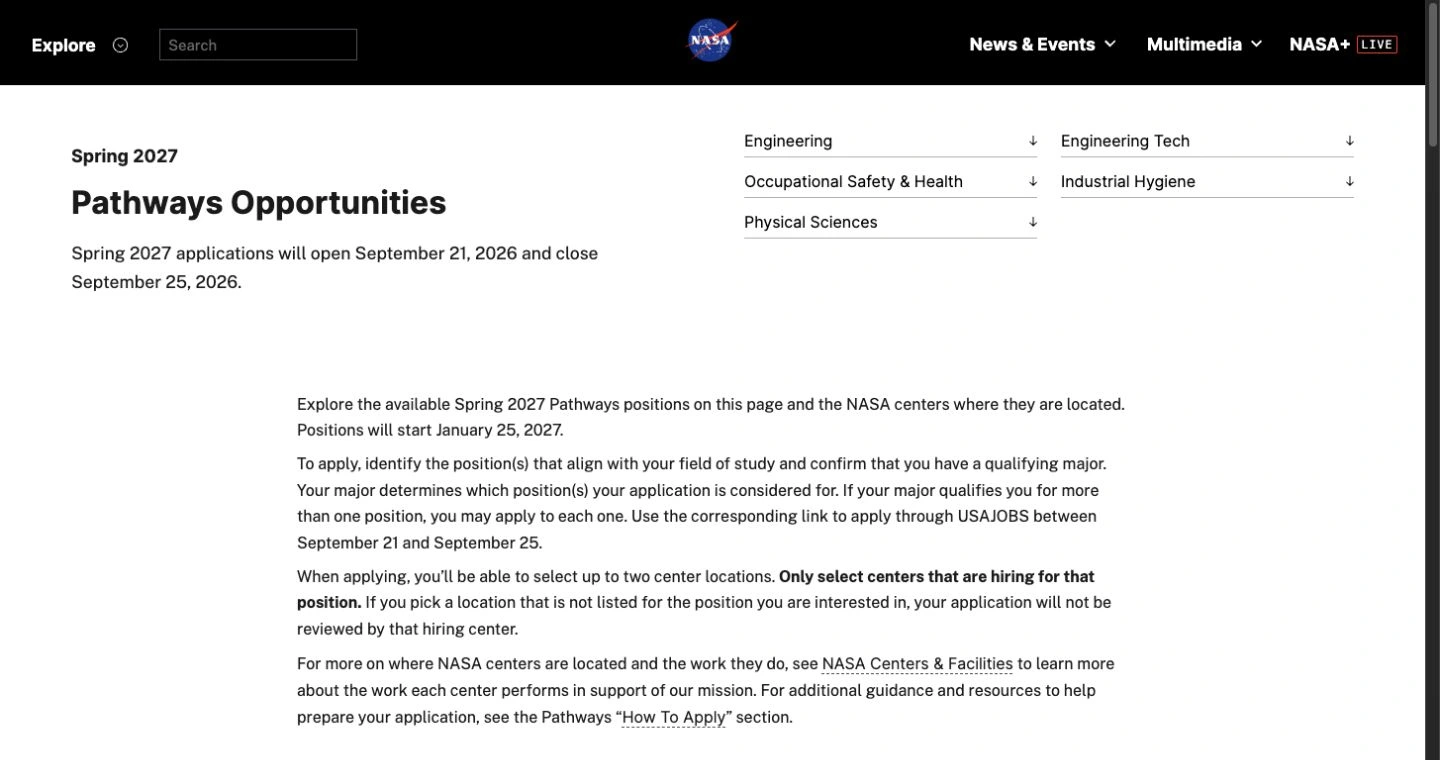 NASA branding and Spring 2027 Pathways Opportunities page showing the September application window
