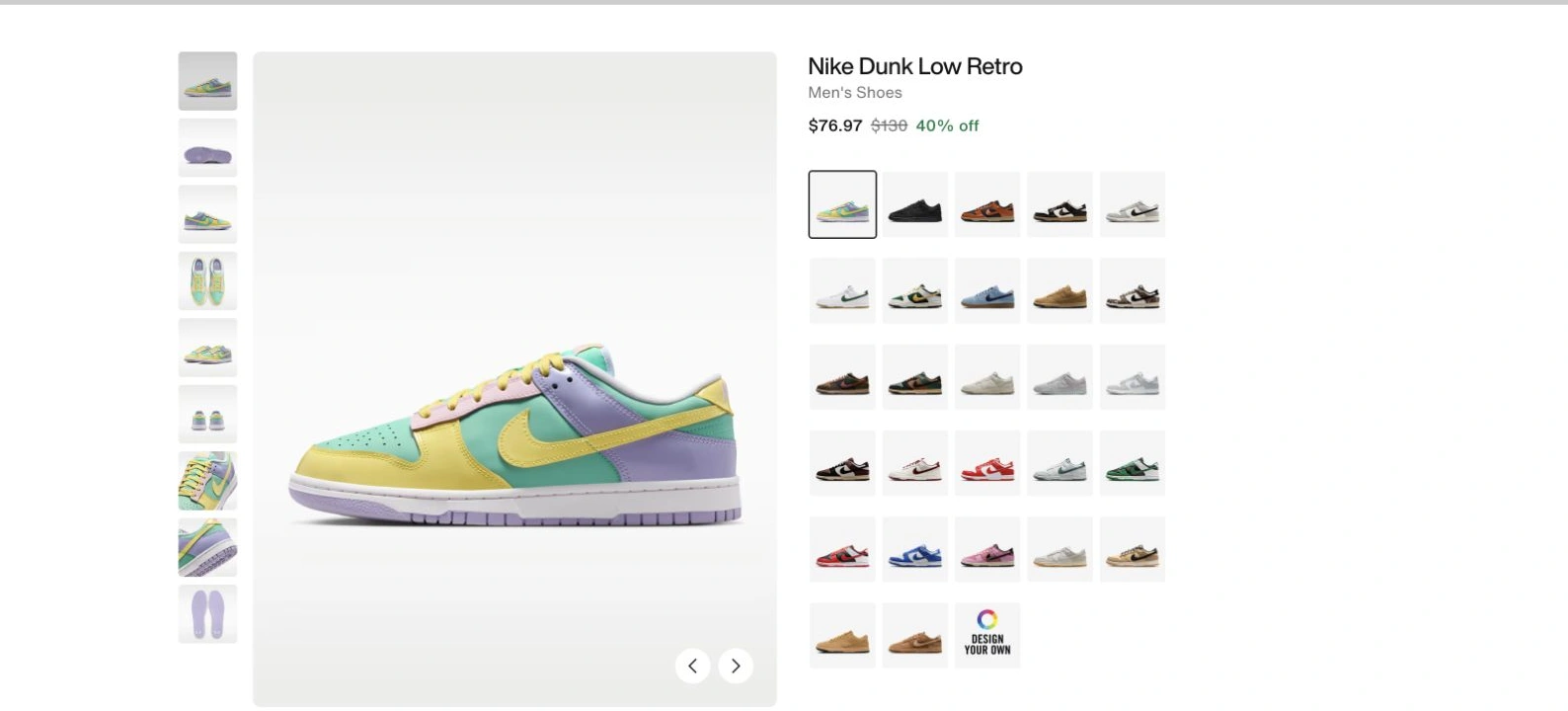 Nike’s live Dunk Low Retro page shows a green, lilac and yellow shoe instead of the black-and-white Panda