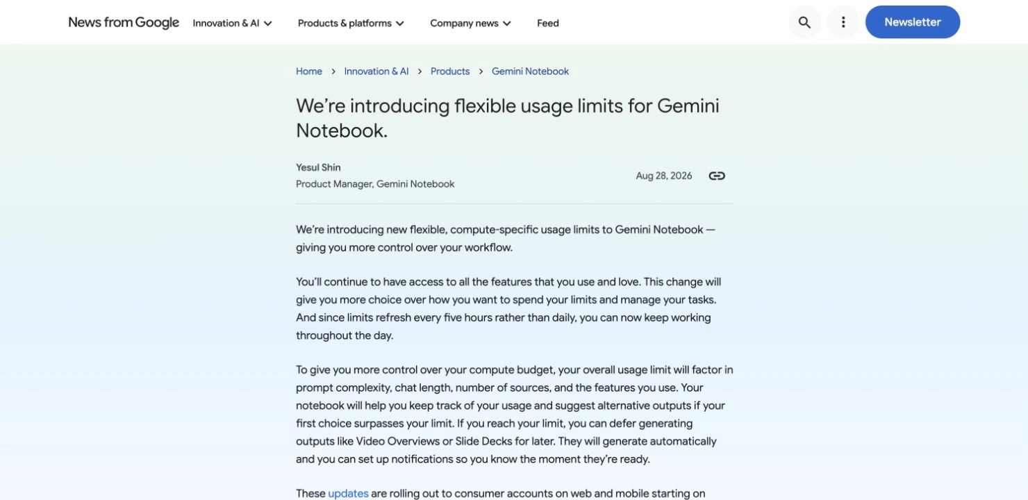 Google's dated announcement introducing flexible compute-based limits for Gemini Notebook