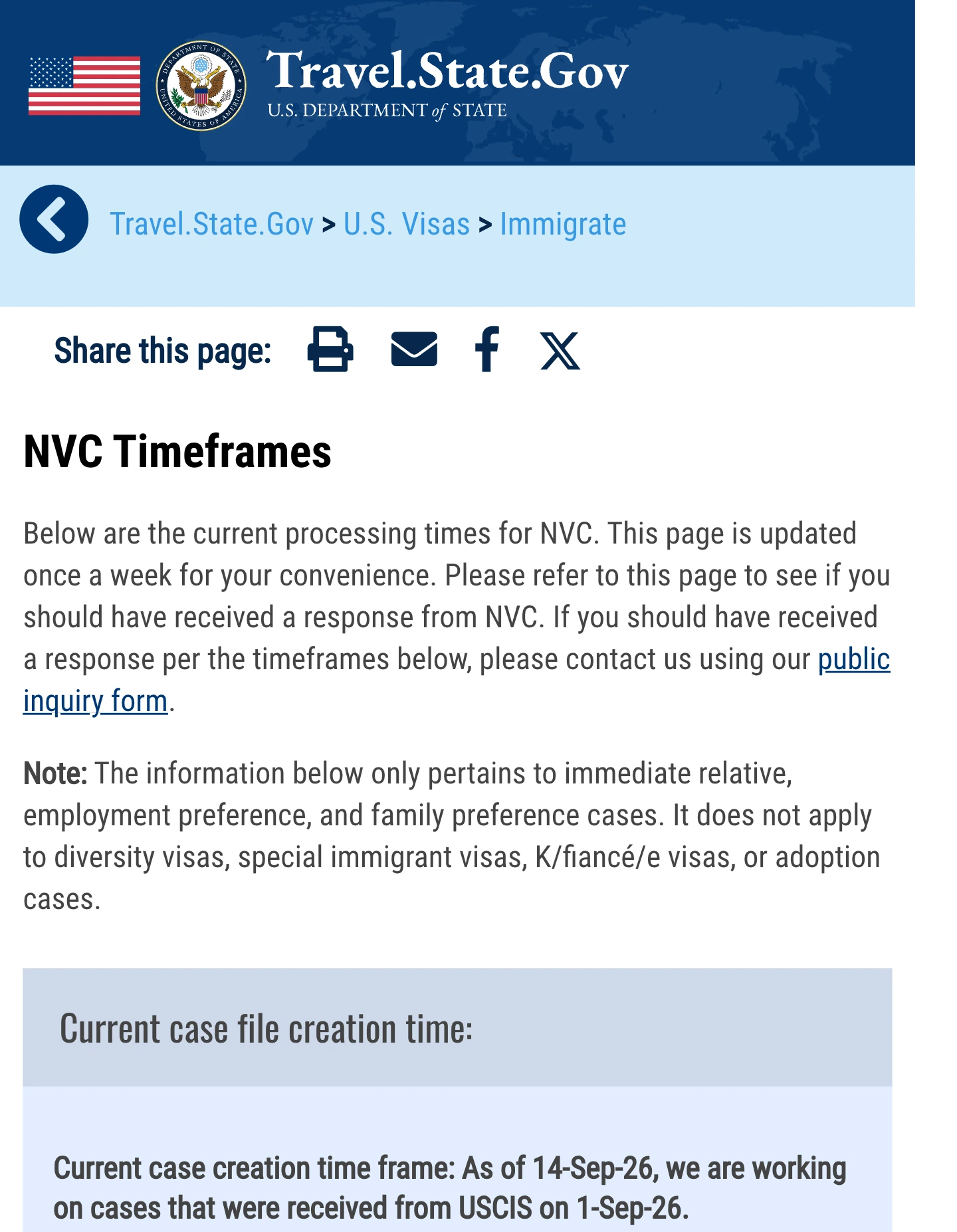 Travel.State.Gov's NVC Timeframes page shows the weekly update explanation and September 14 case creation date