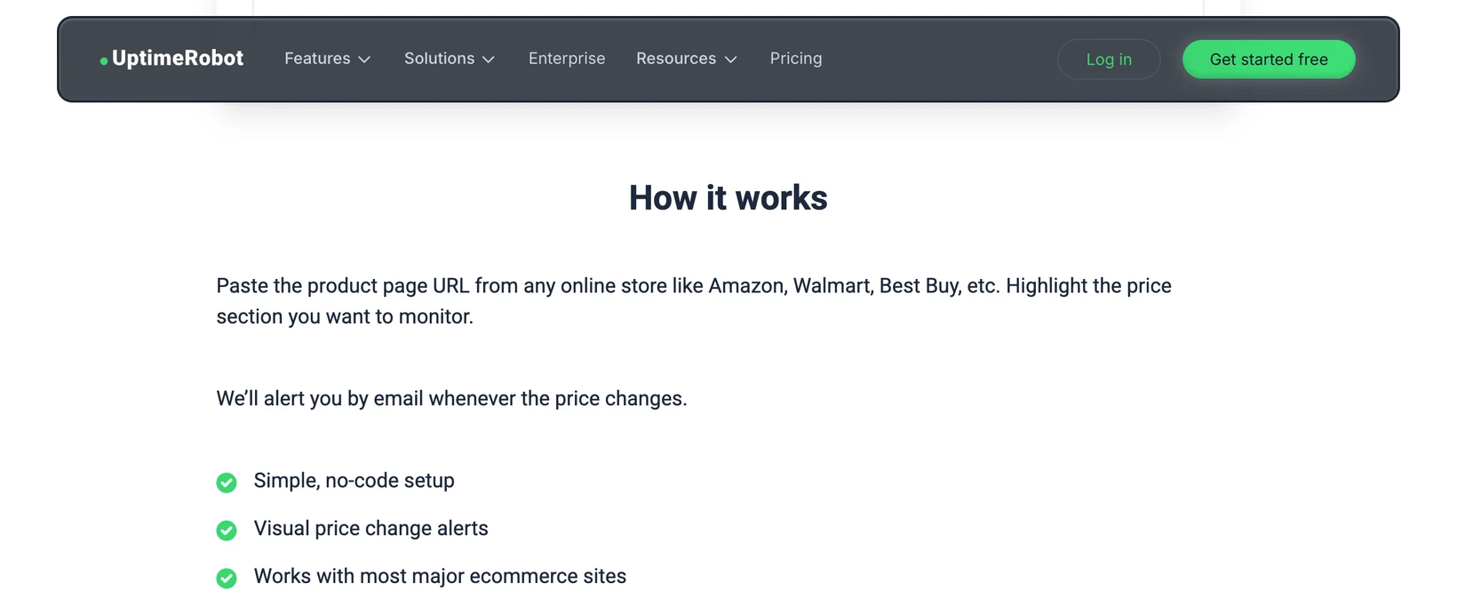 UptimeRobot price-tracking page explaining that a user pastes a product URL, highlights the price section, and receives an email when it changes