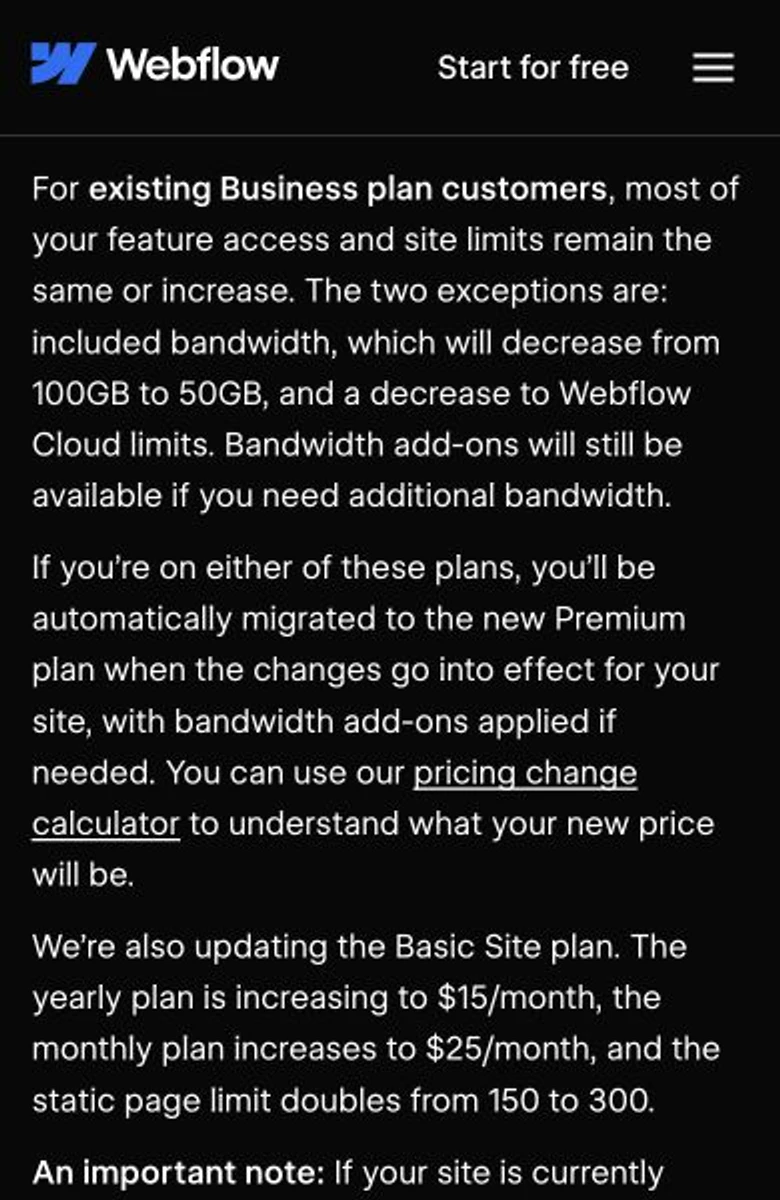 Webflow mobile article showing migration context and the Basic Site plan increasing to 15 dollars yearly or 25 dollars monthly