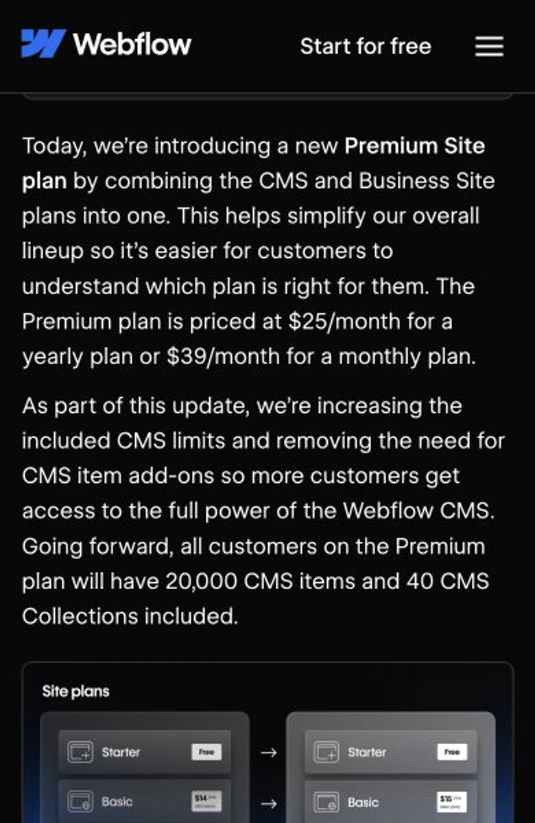Webflow mobile article showing CMS and Business combined into Premium at 25 dollars yearly or 39 dollars monthly