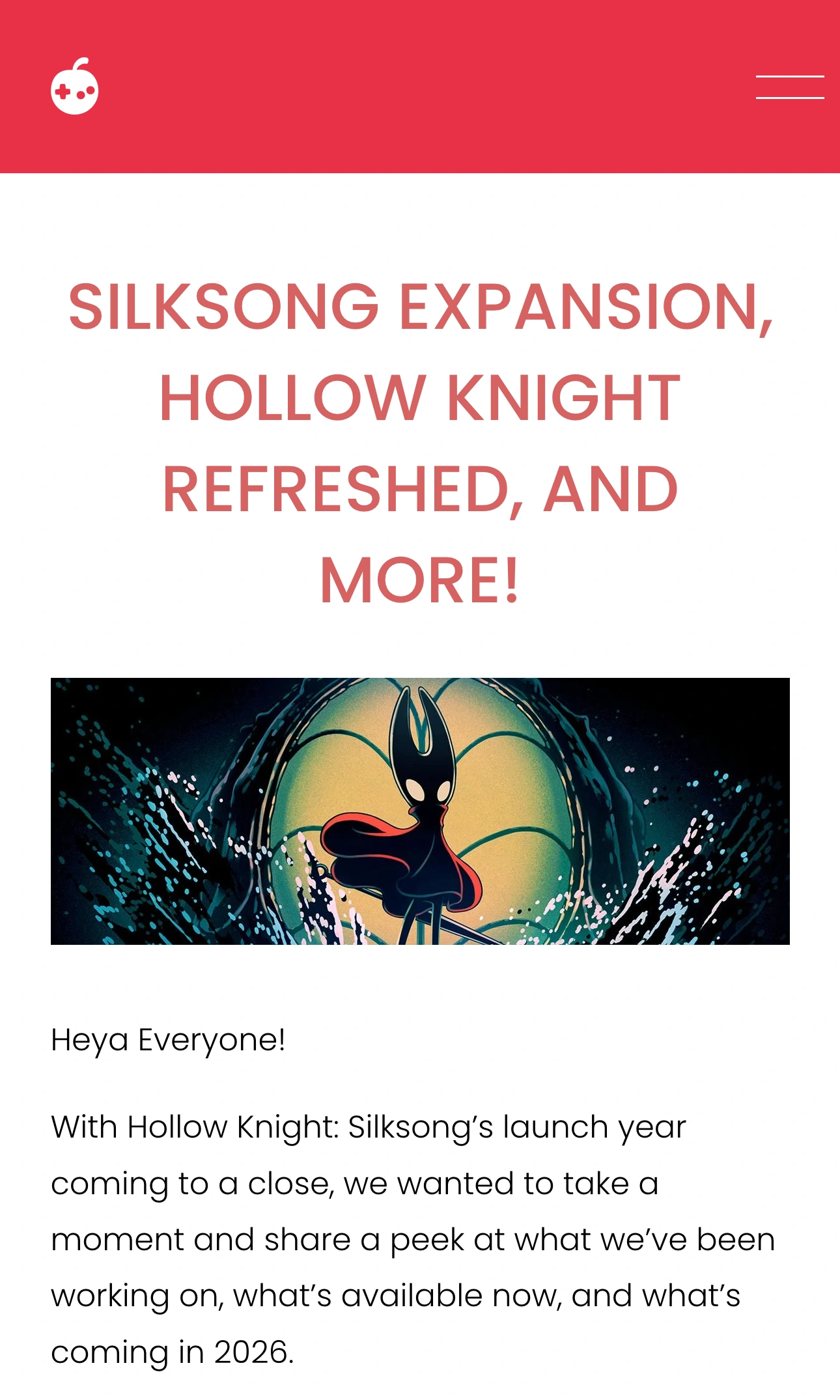 Team Cherry’s branded holiday announcement heading and Silksong artwork above its introduction to 2026 plans